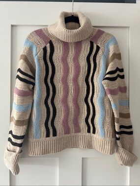 Aspen Turtleneck Stripe Knit Sweater in Beige with Pink, Blue and Black